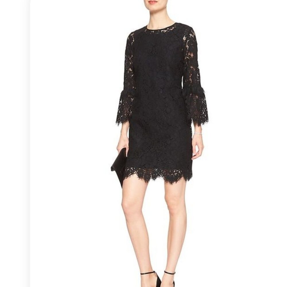 Banana Republic Petite Black Lace Bell Sleeve Dress